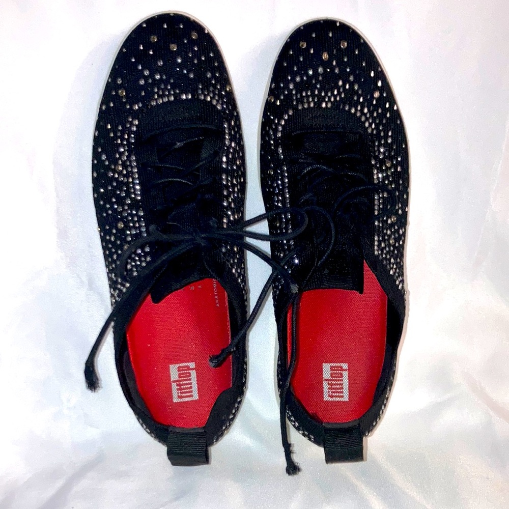 Fitflop sneakers. Stretchy Black upper fabric material with silver studs.